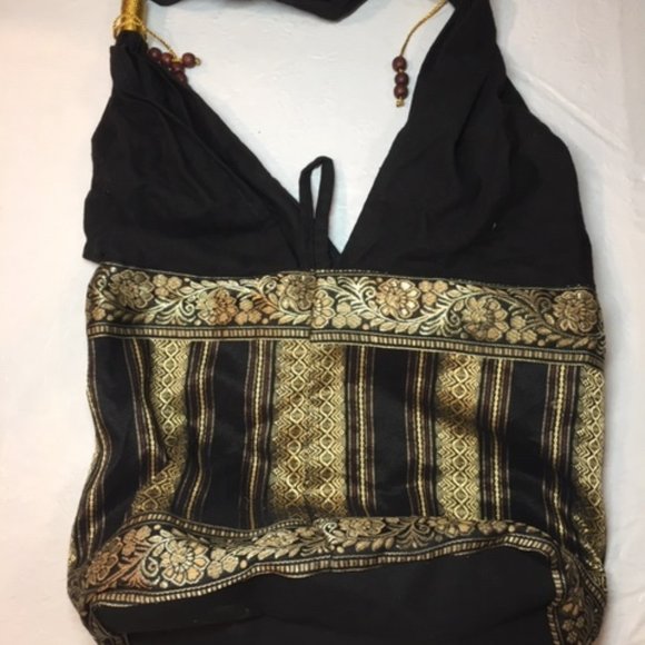 HOBO Hippie Bag 100% Cotton Metallic Handmade Elephant Emblem Black Gold - Picture 5 of 10